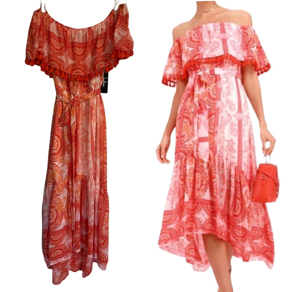 Lulu’s Orange and White Off the Shoulder Midi dress Medium NWT